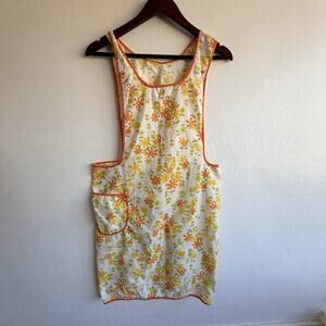 Vintage Floral Cotton Full Apron Orange Green Retro Kitchen House Pocket OS